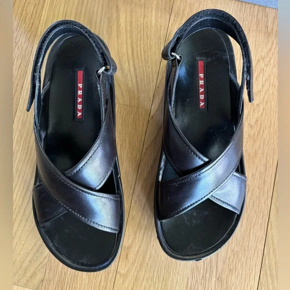 Prada Black Leather Sandals Size 37.5 - Picture 3 of 10